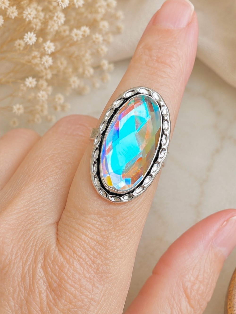 Faceted Aura Rainbow Topaz 925 Sterling Silver Ring Sz 8.5